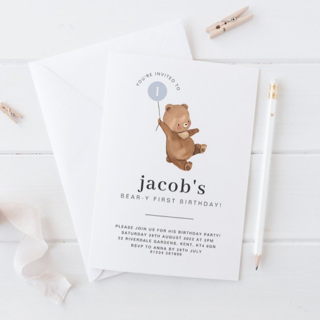 Teddy Bear Primeiro Aniversário Convite Azul Balão (Criador carregado)