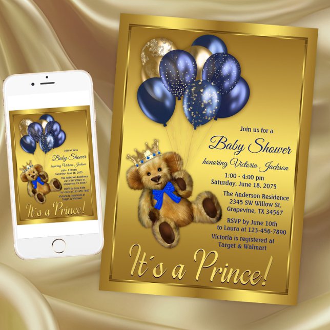 Teddy Bear Prince Convite para Chá de fraldas (Boy Teddy Bear Baby Shower Invitation. Instant download and printed invitations available.)