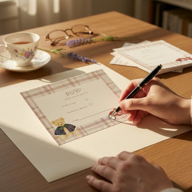 Teddy Bear Race Car Plaid Baby Shower RSVP Card (Criador carregado)