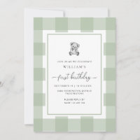 Teddy Bear Sage Gingham - Convite ao primeiro aniv