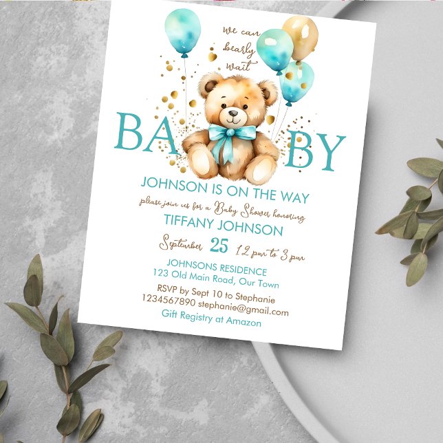 Teddy Ursinho Esperando chá de fraldas (Bearly wait teddy bear baby shower budget affordable invitation cute teddy with a aqua blue balloons)