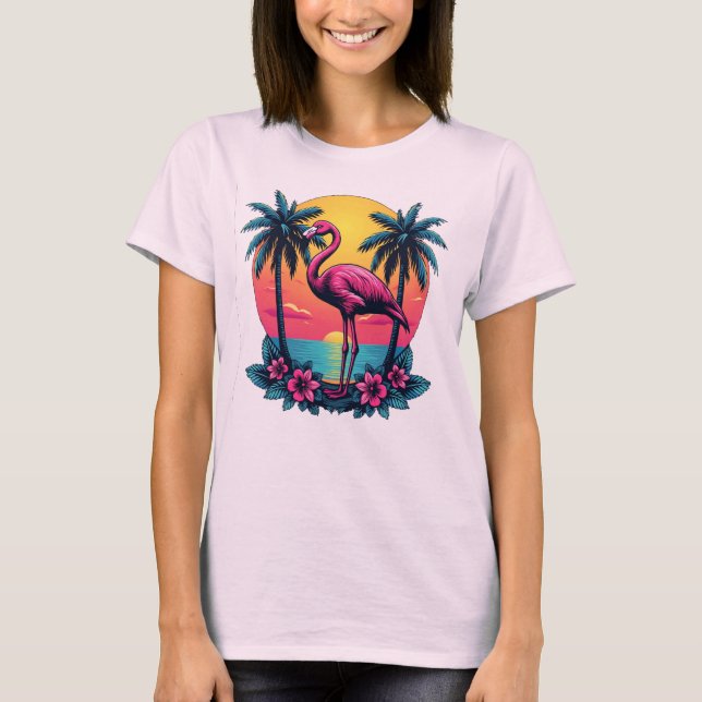 Tee Sunset Flamingo cor-de-rosa - Camisa feminina  (Frente)