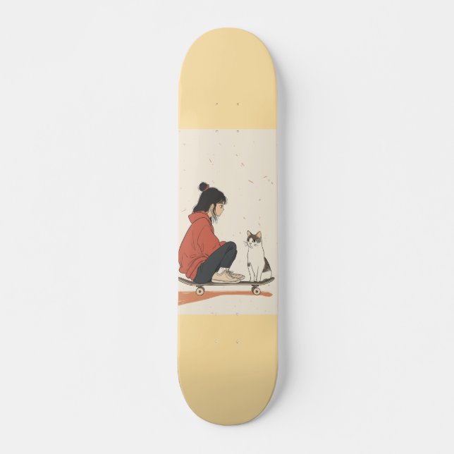 Teenager sitting on skateboard and next to his cat (Frente)