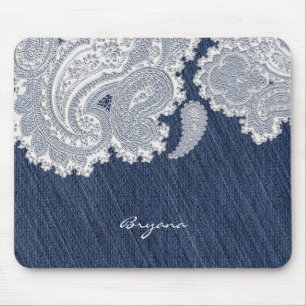 Tela de Jeans & Renda Branca Elegante Mouse Pad