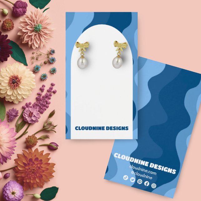 Tela De Ondas Retro De Arranque De Colar De Colar (Blue waves custom earring display cards with arch shapes. Social media icons)