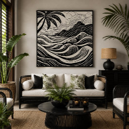 Tela Ilha tropical no estilo de impressão em madeira do
