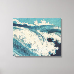 Tela Impressão Antiga de Ondas do Oceano Azul em Xilogr