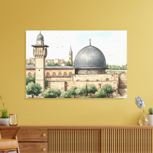 Tela Impressão de Arte em Aquarela da Mesquita Al-Aqsa