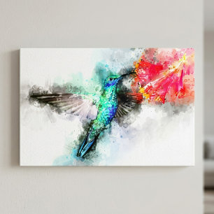 Tela Impressão de Arte Floral em Aquarela de Beija-flor