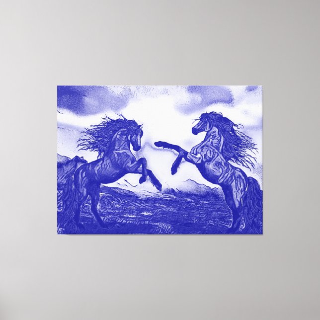 Tela Par de Cavalos em Azul e Branco V1 Impressão em Te (Frente)