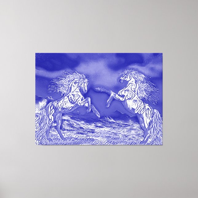 Tela Par de Cavalos em Azul e Branco V2 Impressão em Te (Frente)