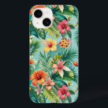 Telefone floral tropical<br><div class="desc">Este design inclui folhas de palmeira verde exuberantes e flores de hibisco ousadas e coloridas em tons de vermelho,  laranja,  amarelo e rosa,  colocadas contra um fundo turquesa refrescante.</div>