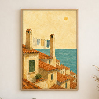 Telhados de Terracota até o Mar Poster Aquarela