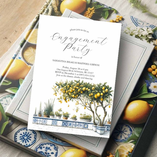 Tema Alafresco Elegante de Convites ao noivado (Lemon themed engagement party invitations with blue and yellow colors)