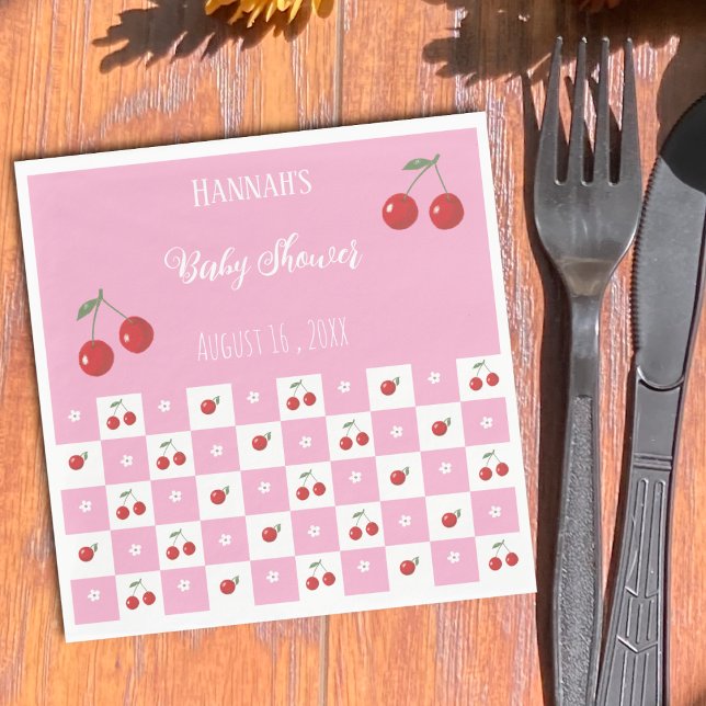 Tema Cereja Guardanapo de Papel Rosa e Branco (Cherry theme whimsical pink and white Gingham pattern paper napkins . )