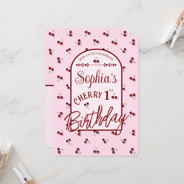 Tema Cherries Primeiro Convite de Aniversário (Frente/Verso In Situ)
