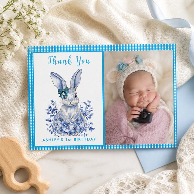 Tema Coelho Floral Azul para Agradecimento de 1º A (Blue Floral Rabbit Theme for 1st Birthday Gratitud Thank You Card)