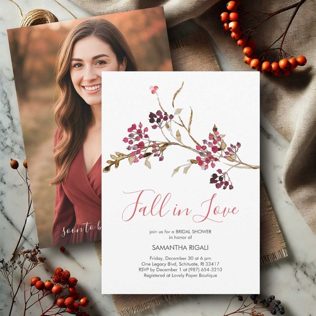 Tema de Chá de panela de outono de Convites de Fot (photo invitations fall bridal shower theme cranberry red and brown fall in love)