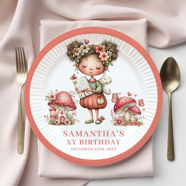 Tema de Fada Aniversário de 6 anos Prato de Papel  (Fairy Theme 6th Birthday Pink Mushroom Paper Plates)