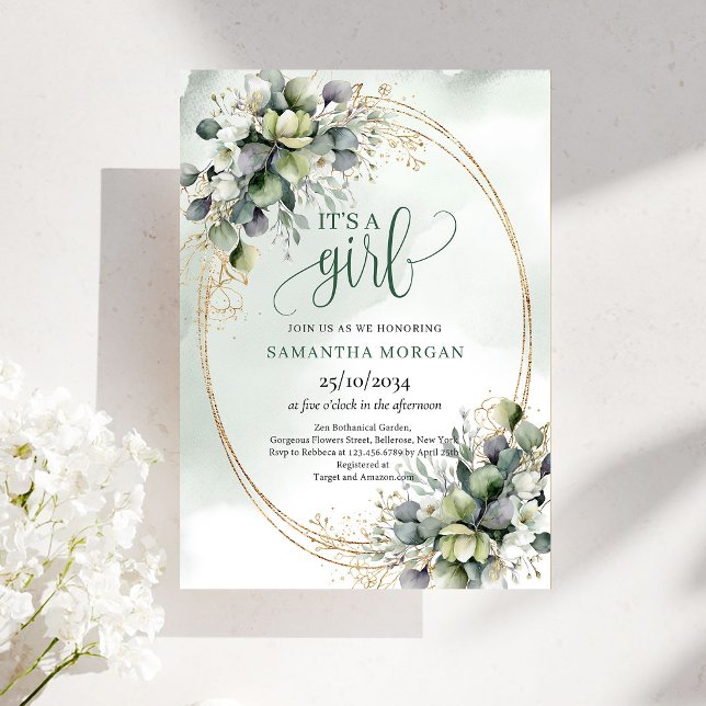 Tema Dourado de Verde Água É um Convite de Menina (Watercolor Greenery Gold Theme It’s A Girl Invitation)
