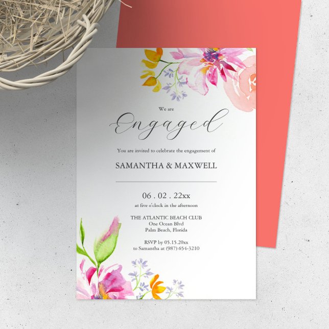 Tema Floral de Convites para Noivados Personalizad (Engagement party invitations online features unique watercolor floral art by Victoria Grigaliunas)