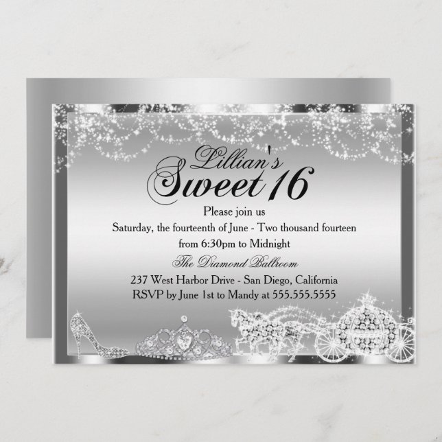 Tema Princesa Silver Sparkle Sweet 16 Convite (Frente/Verso)