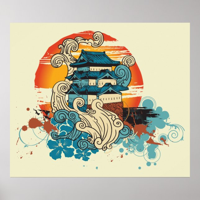 Templo Asiático Pagoda e poster de impressão (Frente)