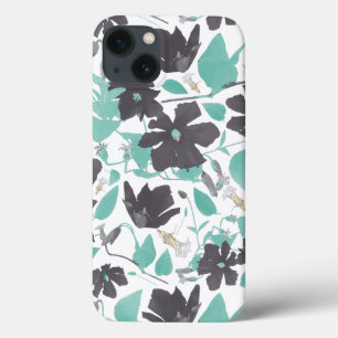 Tendy Modern Floral Blossomas Cinzas Teal Padrão