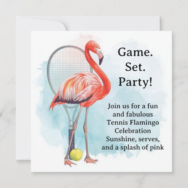 Tennis  Flamingo  with racket and ball invitation  (Frente)