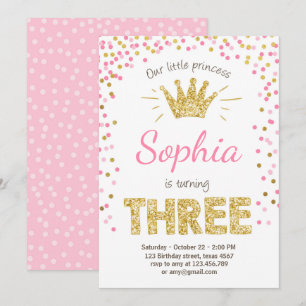 Terceiro aniversário convite Princesa Dourada Rosa
