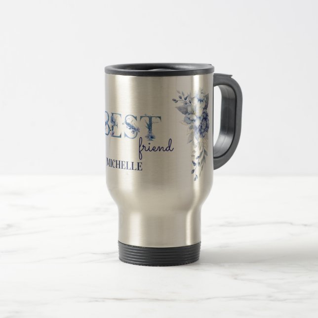 Térmica Caneca Floral Azul Personalizada, Amiga Querida Pe (Frente Esquerda)