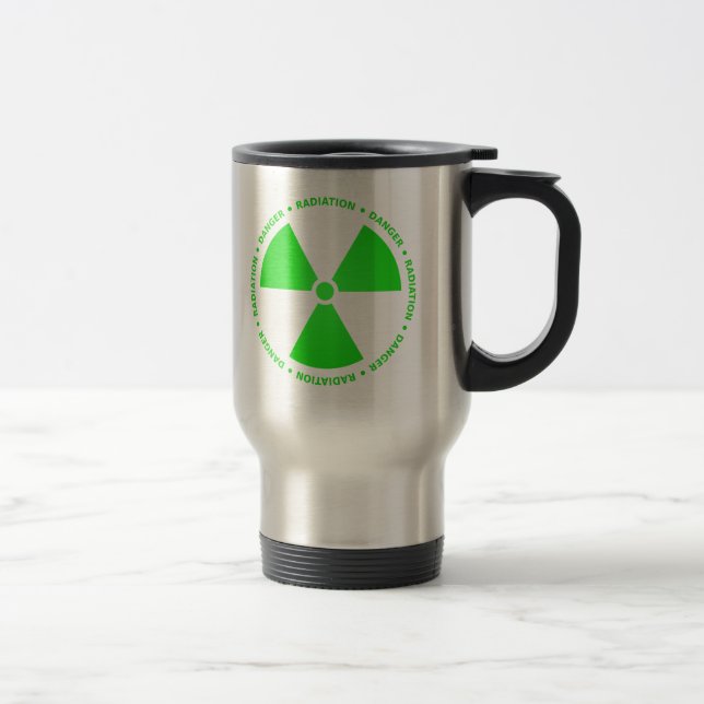 Térmica Caneca verde do símbolo da radiação com texto (Direita)