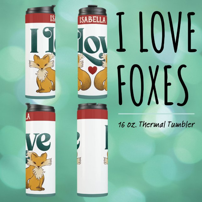 Térmica Eu Amo Raposas Garrafa De Água Coração ("I Love Foxes" 16 oz. Thermal Tumbler with Cute Hand Drawn Foxes and Heart Artwork.)
