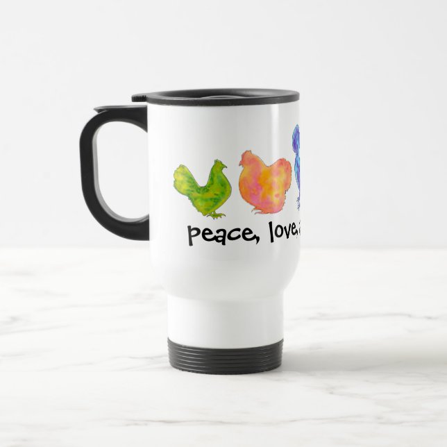 Térmica paz, amor e caneca da aguarela das galinhas (Esquerda)