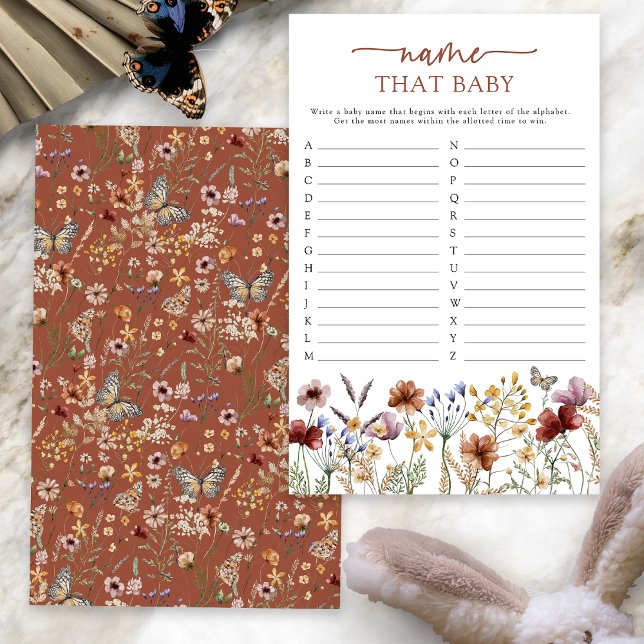 Terracota Boho Descubra o Nome do Bebê Jogo (Terracotta Boho Floral Name That Baby Game Card with Butterfly by Painted Paperie
)