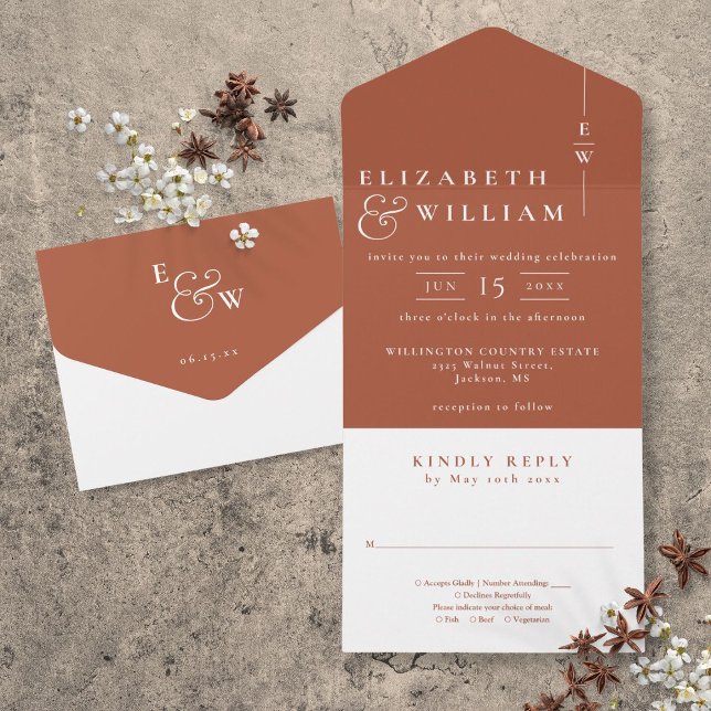 Terracota Minimalista Convite de Casamento Monogra (Terracotta Minimalist Elegant Monogram Wedding All In One Invitation)