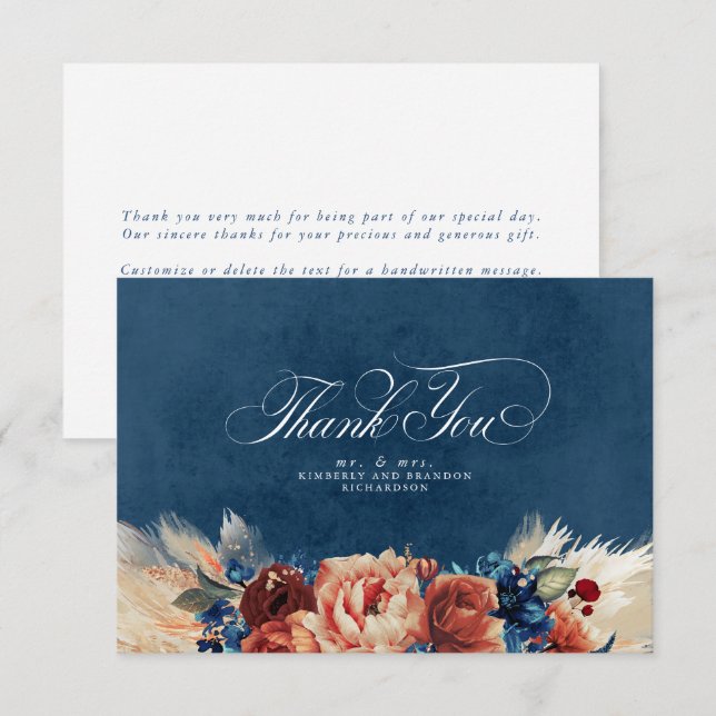 Terracotta Azul Marinho Floral Boho Agradecimento  (Frente/Verso)