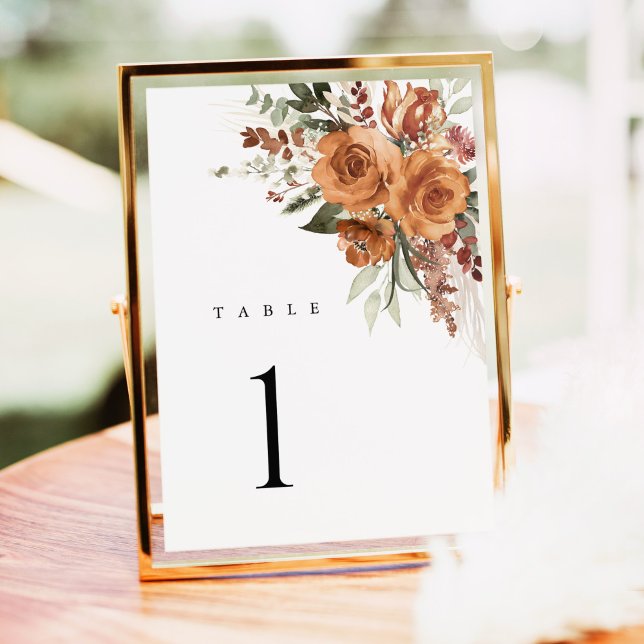 Terracotta Boho Rose Floral Wedding Table Numbers (Terracotta rose floral wedding table number card with watercolor, elegant boho table, gold frame)