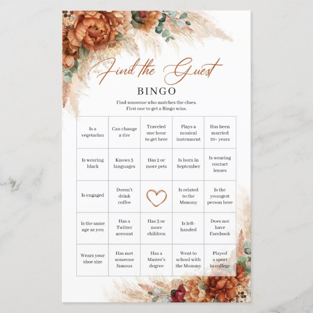 Terracotta burgundy floral Encontre o Bingo Convid (Frente)