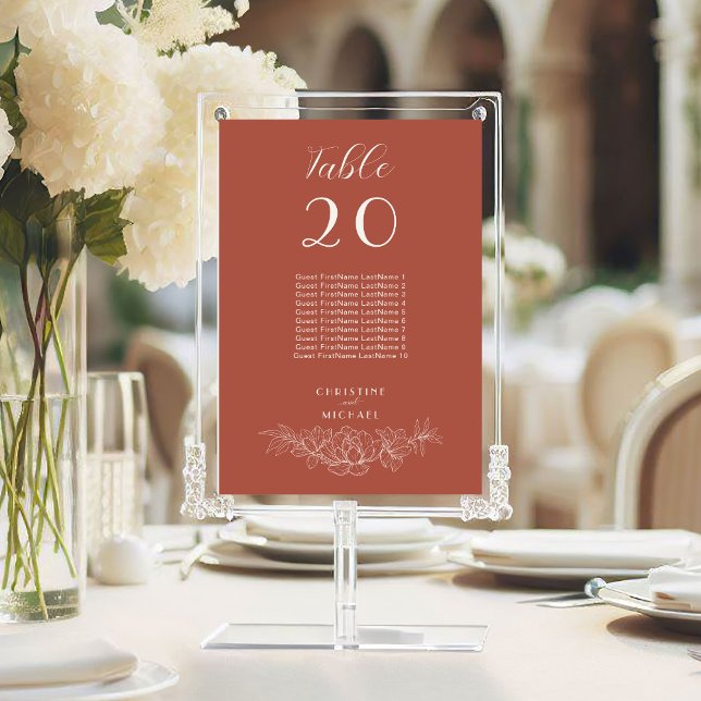 Terracotta Floral Guest Names Número da Tabela de  (Terracotta Floral Wedding Table Number with Guest Names, Couple Name, Magnolia Flowers.)