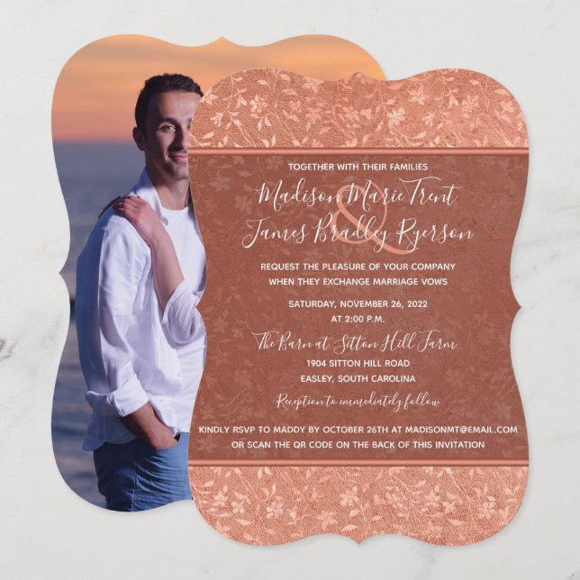 Terracotta Floral, Hearts Vines Convite Para Casam (Frente/Verso)