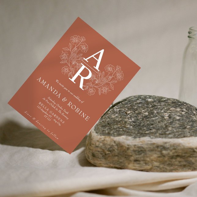 Terracotta Floral Monograma Convite De Casamento (Criador carregado)