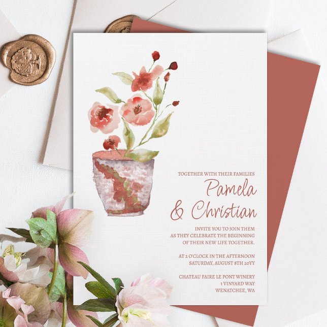 Terracotta Flowers, Convites Para Casamento De Pot (terracotta clay potted plant simple wedding invitation rust copper pink light green leaves wedding )