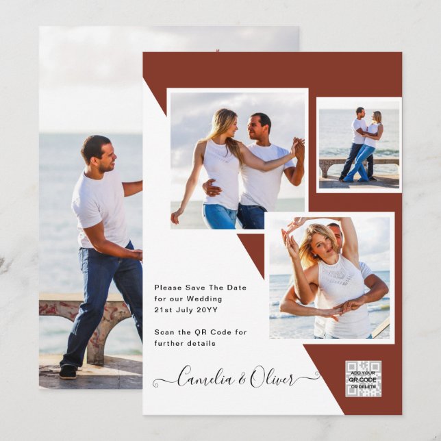 Terracotta FOTO CÓDIGO QR Convite de casamento Dat (Frente/Verso)