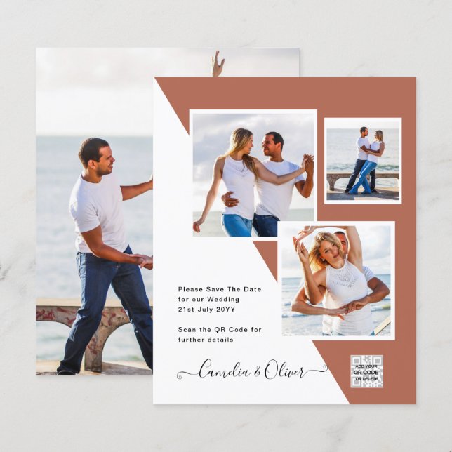 Terracotta FOTO CÓDIGO QR Convite de casamento Dat (Frente/Verso)
