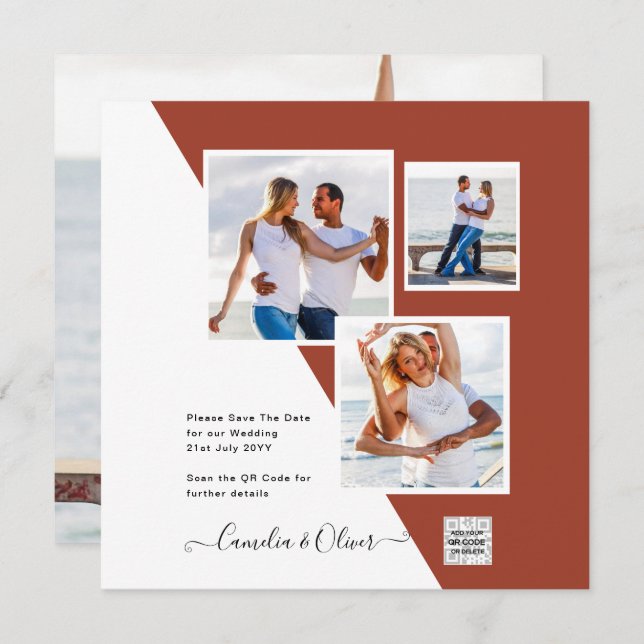 Terracotta FOTO CÓDIGO QR Convite de casamento Dat (Frente/Verso)