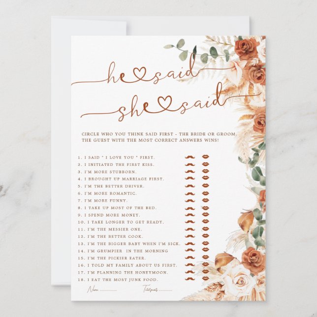 Terracotta He Said She Said Bridal Shower Game  (Frente)