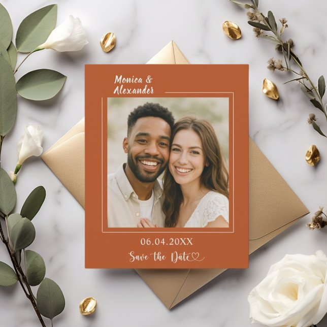 Terracotta ivory photo wedding Save the Date card (Criador carregado)