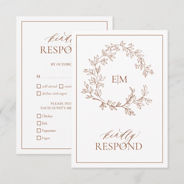 Terracotta Leafy Crest Monograma Cartão RSVP de Ca (Frente/Verso)