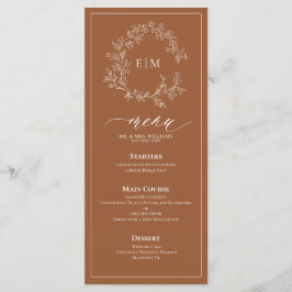 Terracotta Leafy Crest Monograma Menu Casamento